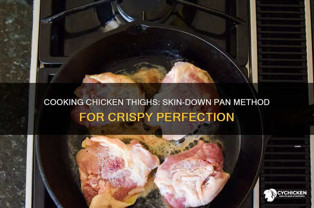 do you cook chicken thigh skin down in pan