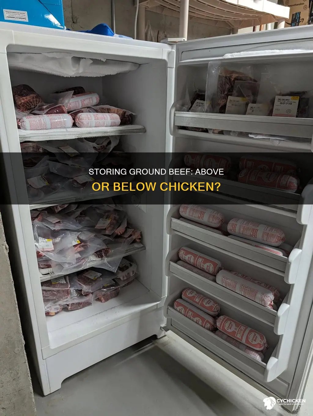 should ground beef be stored above or below chicken